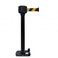 Poteau noir Viso - boitier étanche sangle noire-jaune - base lourde à roulettes 10 m x 5 cm