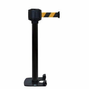 Poteau noir Viso - boitier étanche sangle noire-jaune - base lourde à roulettes 10 m x 5 cm