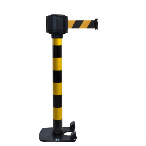 Poteau noir-jaune Viso - boitier étanche sangle noire-jaune - base lourde à roulettes 10 m x 5 cm