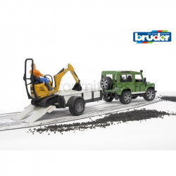 Tout terrain avec remorque à un essieu, un chargeur compact JCB et ouvrier du bâtiment Land Rover Defender Bruder