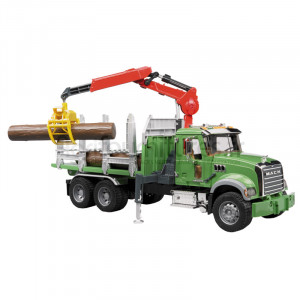 Camion transport de grumes avec grue télescopique, grappin et 3 grumes MACK Granite Bruder