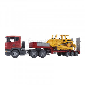 Camion avec remorque plate-forme surbaissée et bulldozer Caterpillar Scania série R Bruder
