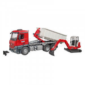 Camion porte-conteneur et mini-pelle Schaeff MB Arocs Bruder