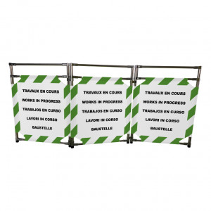 Barrière Travo Viso INOX - 3 vantaux - Logo TRAVAUX EN COURS - Vert-Blanc L 1700 x H 1000 mm