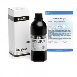 Solution d'étalonnage Hanna Instruments, conductivité à 1413 micro-seconde-cm, flacon bleu 500 mL, certificat d'analyse