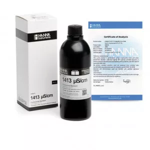 Solution d'étalonnage Hanna Instruments, conductivité à 1413 micro-seconde-cm, flacon bleu 500 mL, certificat d'analyse