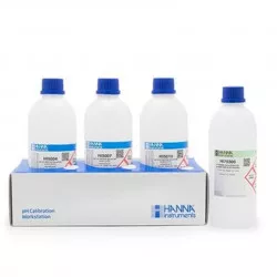 Kit solutions tampons Hanna Instruments, pH 4,01, 7,01 et 10,01, solution de nettoyage, 500 mL de chaque