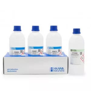 Kit solutions tampons Hanna Instruments, pH 4,01, 7,01 et 10,01, solution de nettoyage, 500 mL de chaque