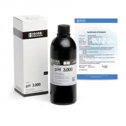 Solution tampon Hanna Instruments, pH 3,000, ±0,002 pH, certificat d'analyse, bouteille 500 mL