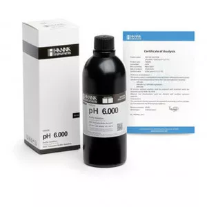 Solution tampon Hanna Instruments, pH 6,000, ±0,002 pH, certificat d'analyse, bouteille 500 mL