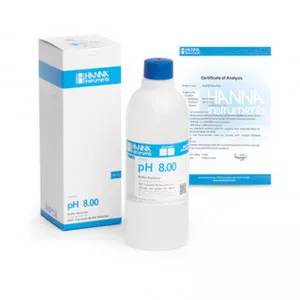 Solution tampon Hanna Instruments, pH 8,00, ±0,01 pH, certificat d'analyse, bouteille 500 mL