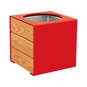Bac à palmier KUB. acier/bois Procity, lasuré chêne clair, 450x450x450 mm - Bac acier amovible - Rouge signalisation