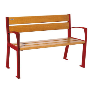Banc bois/acier Silaos 5 lames Procity, avec accoudoir, lg. 1200 mm, fixation platines - Chêne clair/Rouge pourpre