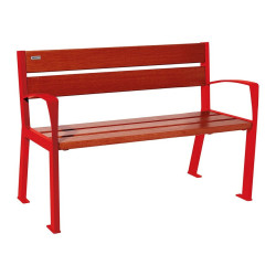 Banc bois/acier Silaos 5 lames Procity, avec accoudoir, lg. 1200 mm, fixation platines - Acajou/Rouge signalisation