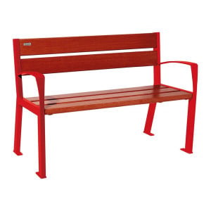 Banc bois/acier Silaos 5 lames Procity, avec accoudoir, lg. 1200 mm, fixation platines - Acajou/Rouge signalisation