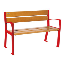 Banc bois/acier Silaos 5 lames Procity, avec accoudoir, lg. 1200 mm, fixation platines - Chêne clair/Rouge signalisation