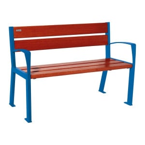 Banc bois/acier Silaos 5 lames Procity, avec accoudoir, lg. 1200 mm, fixation platines - Acajou/Bleu gentiane