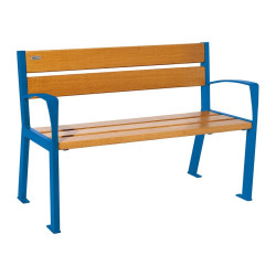 Banc bois/acier Silaos 5 lames Procity, avec accoudoir, lg. 1200 mm, fixation platines - Chêne clair/Bleu gentiane