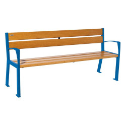 Banc bois/acier Silaos 5 lames Procity, avec accoudoir, lg. 1800 mm, fixation platines - Chêne clair/Bleu gentiane