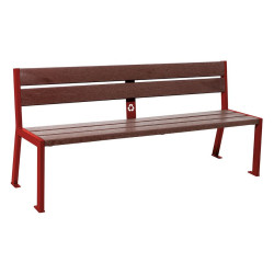 Banc plastique recyclé et acier Silaos 5 lames Procity, sans accoudoir, lg. 1800 mm, fixation/platines - Rouge pourpre