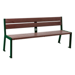 Banc plastique recyclé et acier Silaos 5 lames Procity, sans accoudoir, lg. 1800 mm, fixation/platines - Vert mousse