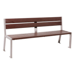 Banc plastique recyclé et acier Silaos 5 lames Procity, sans accoudoir, lg. 1800 mm, fixation/platines - Gris soie