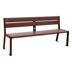 Banc plastique recyclé et acier Silaos 5 lames Procity, sans accoudoir, lg. 1800 mm, fixation/platines - Aspect Corten