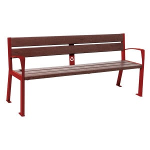 Banc plastique recyclé et acier Silaos 5 lames Procity, avec accoudoir, lg. 1800 mm, fixation/platines - Rouge pourpre