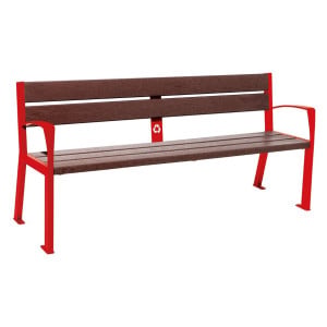 Banc plastique recyclé et acier Silaos 5 lames Procity, avec accoudoir, lg. 1800 mm, fixation/platines - Rouge signalisation