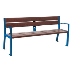 Banc plastique recyclé et acier Silaos 5 lames Procity, avec accoudoir, lg. 1800 mm, fixation/platines - Bleu gentiane