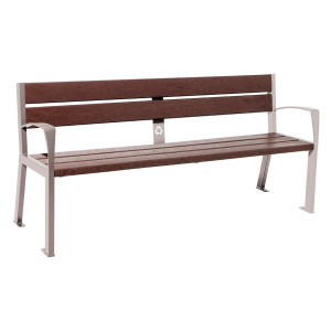 Banc plastique recyclé et acier Silaos 5 lames Procity, avec accoudoir, lg. 1800 mm, fixation/platines - Gris soie