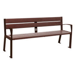 Banc plastique recyclé et acier Silaos 5 lames Procity, avec accoudoir, lg. 1800 mm, fixation/platines - Brun chocolat