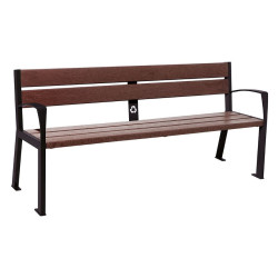 Banc plastique recyclé et acier Silaos 5 lames Procity, avec accoudoir, lg. 1800 mm, fixation/platines - Noir foncé