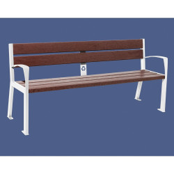 Banc plastique recyclé et acier Silaos 5 lames Procity, avec accoudoir, lg. 1800 mm, fixation/platines - Blanc pur