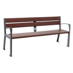 Banc plastique recyclé et acier Silaos 5 lames Procity, avec accoudoir, lg. 1800 mm, fixation/platines - Gris Procity