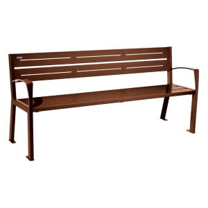 Banc acier Silaos 5 lames Procity, avec accoudoirs, lg. 1800 mm, fixation platines - Aspect Corten
