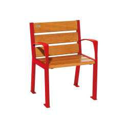 Fauteuil bois/acier Silaos 6 lames Procity, avec accoudoirs, lg. 600 mm, fixation platines - Chêne clair/Rouge signalisation