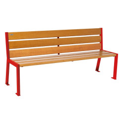 Banc bois/acier Silaos 6 lames Procity, sans accoudoir, lg. 1800 mm, fixation platines - Chêne clair/Rouge signalisation