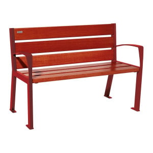 Banc bois/acier Silaos 6 lames Procity, avec accoudoirs, lg. 1200 mm, fixation platines - Acajou/Rouge pourpre