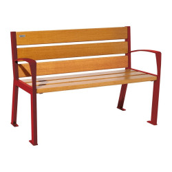 Banc bois/acier Silaos 6 lames Procity, avec accoudoirs, lg. 1200 mm, fixation platines - Chêne clair/Rouge pourpre
