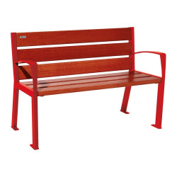 Banc bois/acier Silaos 6 lames Procity, avec accoudoirs, lg. 1200 mm, fixation platines - Acajou/Rouge signalisation