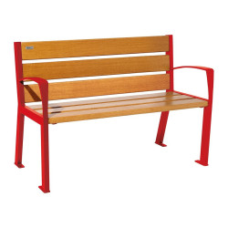 Banc bois/acier Silaos 6 lames Procity, avec accoudoirs, lg. 1200 mm, fixation platines - Chêne clair/Rouge signalisation