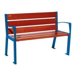 Banc bois/acier Silaos 6 lames Procity, avec accoudoirs, lg. 1200 mm, fixation platines - Acajou/Bleu gentiane