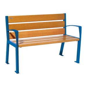 Banc bois/acier Silaos 6 lames Procity, avec accoudoirs, lg. 1200 mm, fixation platines - Chêne clair/Bleu gentiane