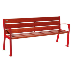 Banc bois/acier Silaos 6 lames Procity, avec accoudoirs, lg. 1800 mm, fixation platines - Acajou/Rouge signalisation