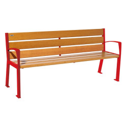 Banc bois/acier Silaos 6 lames Procity, avec accoudoirs, lg. 1800 mm, fixation platines - Chêne clair/Rouge signalisation