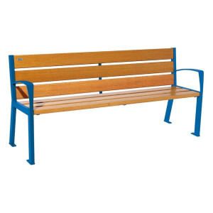 Banc bois/acier Silaos 6 lames Procity, avec accoudoirs, lg. 1800 mm, fixation platines - Chêne clair/Bleu gentiane