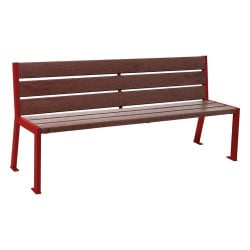 Banc plastique recyclé et acier Silaos 6 lames Procity, sans accoudoir, lg. 1800 mm, fixation platines - Rouge pourpre