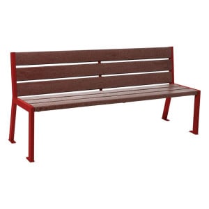 Banc plastique recyclé et acier Silaos 6 lames Procity, sans accoudoir, lg. 1800 mm, fixation platines - Rouge pourpre