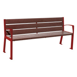 Banc plastique recyclé et acier Silaos 6 lames Procity, avec accoudoirs, lg. 1800 mm, fixation platines - Rouge pourpre